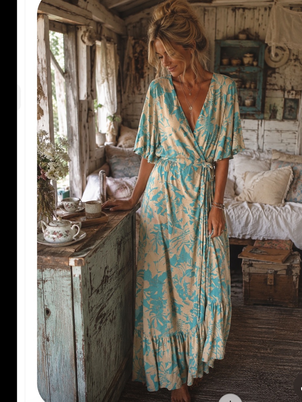 Tribal Boho Wrap Maxi Dress in Turquoise Floral, size M, 19” ptp, 57” long, $55